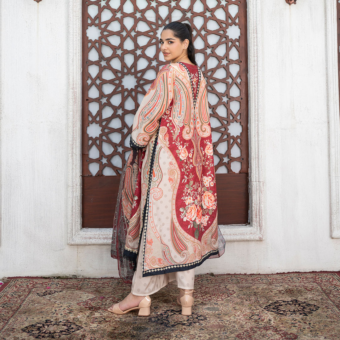 3-PC Printed Silk Shirt silk Trouser with Silk Dupatta
