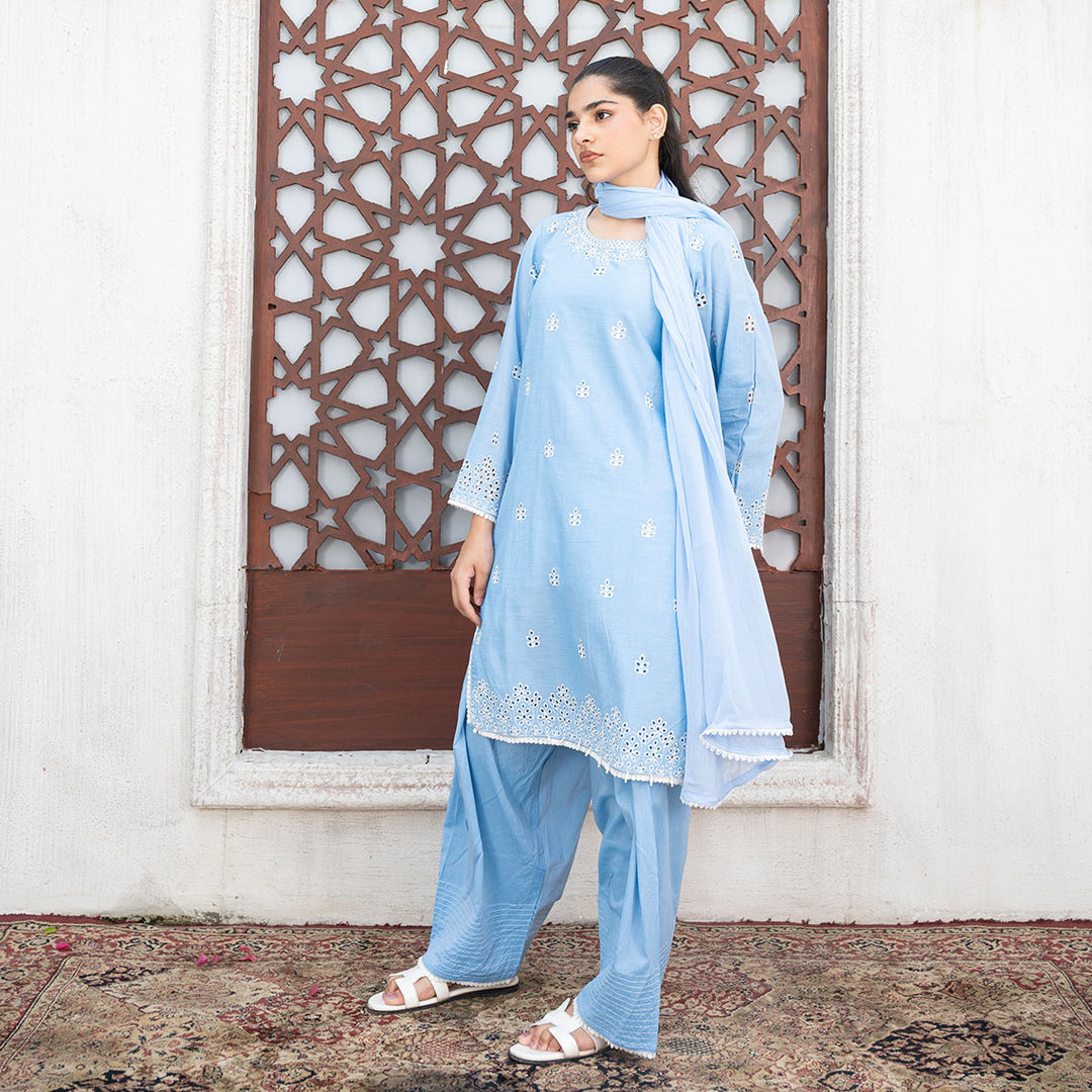 3-PC Embroidered Chamrey Shirt &Trouser with Chiffon Dupatta