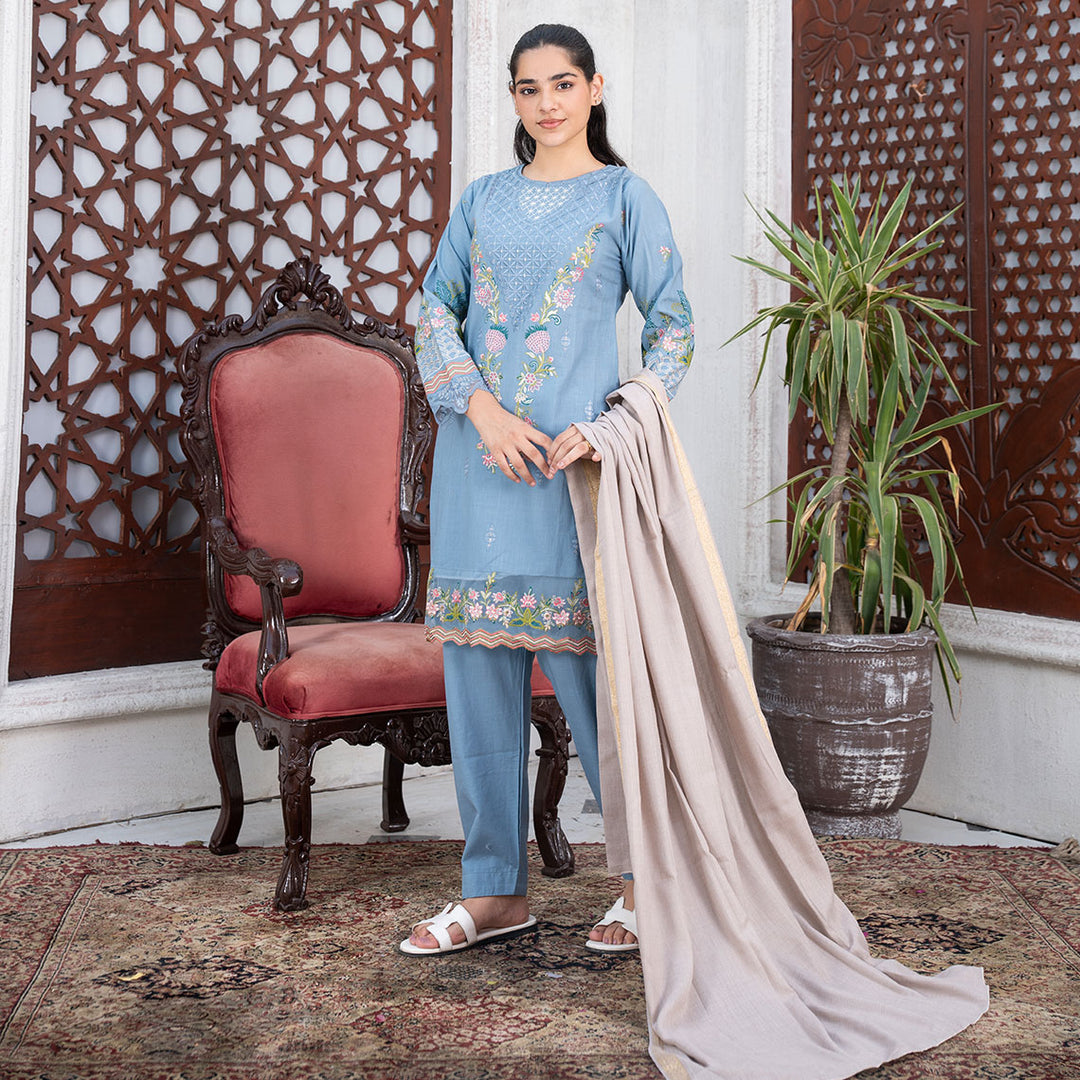 3-PC Embroidered Shirt Slub Khaddar Trouser with Wool Shawl