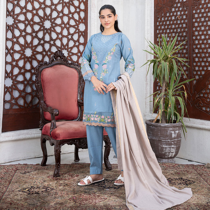 3-PC Embroidered Shirt Slub Khaddar Trouser with Wool Shawl