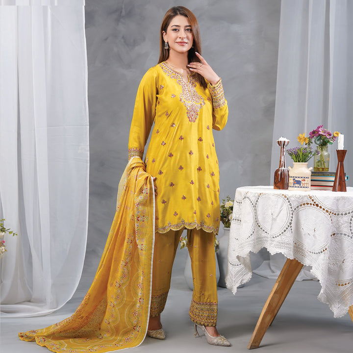 3-PC Luxury Pret Embroidered Raw Silk & leno kara