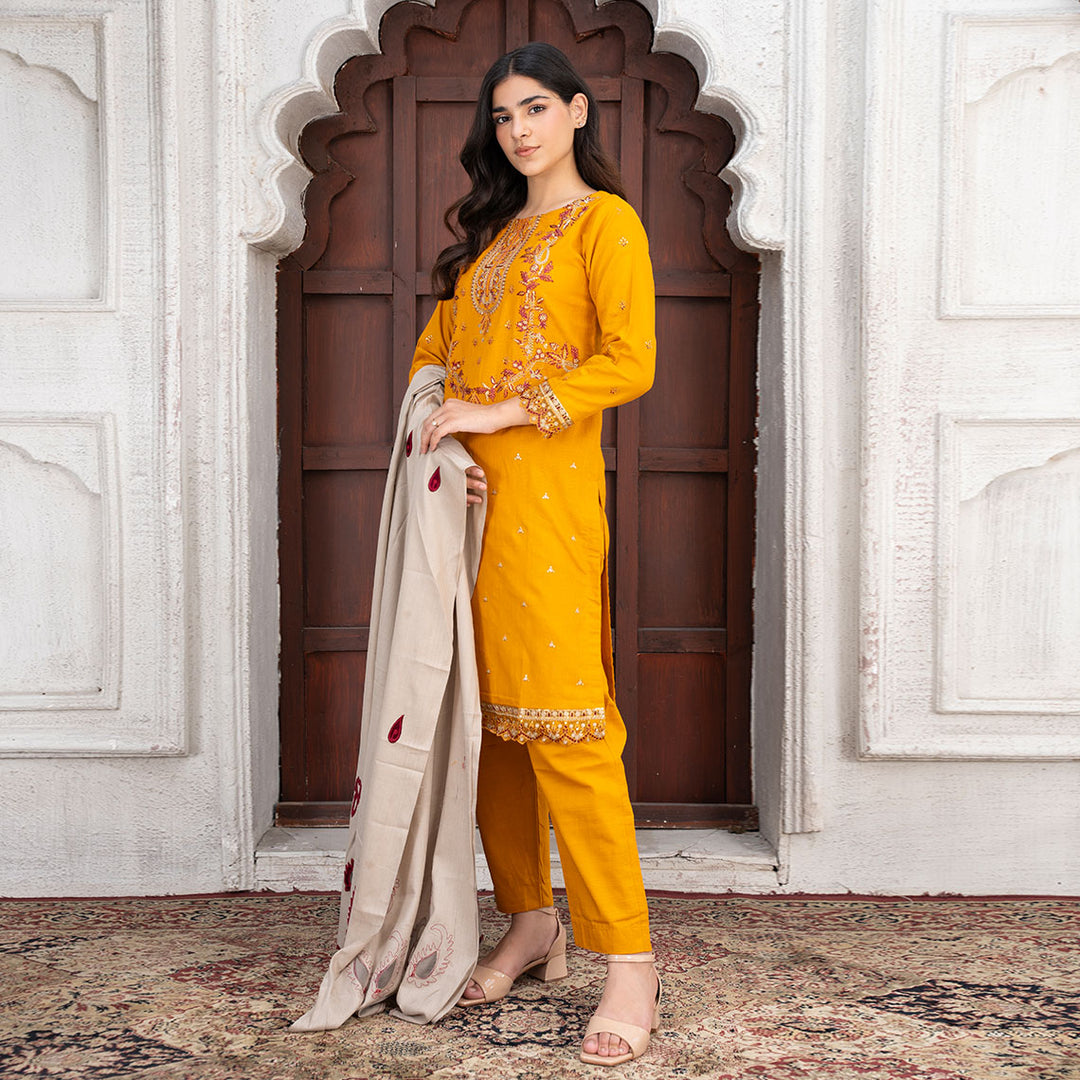 3-PC Embroidered Shirt Slub Khaddar Trouser with Wool Shawl