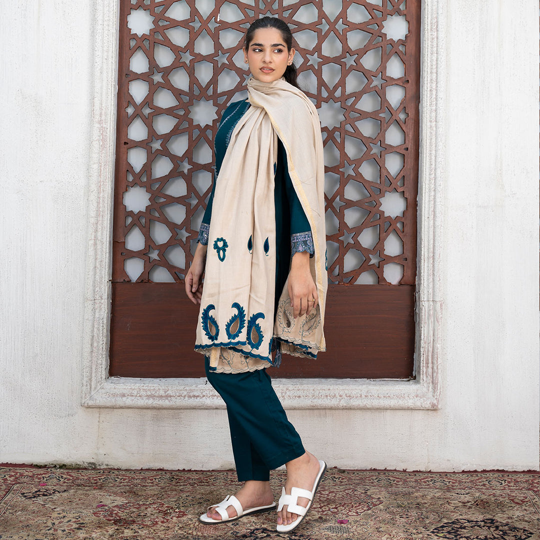 3-PC Embroidered Shirt Slub Khaddar Trouser with Wool Shawl