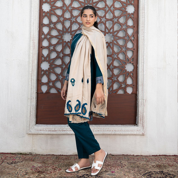3-PC Embroidered Shirt Slub Khaddar Trouser with Wool Shawl