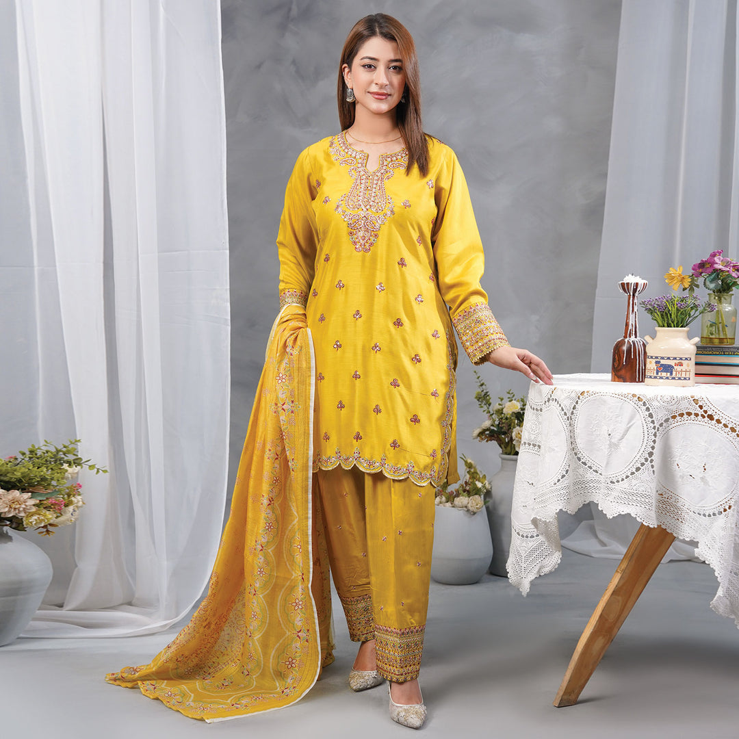 3-PC Luxury Pret Embroidered Raw Silk & leno kara