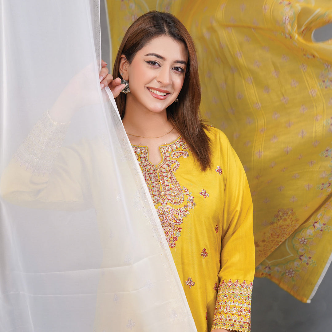 3-PC Luxury Pret Embroidered Raw Silk & leno kara