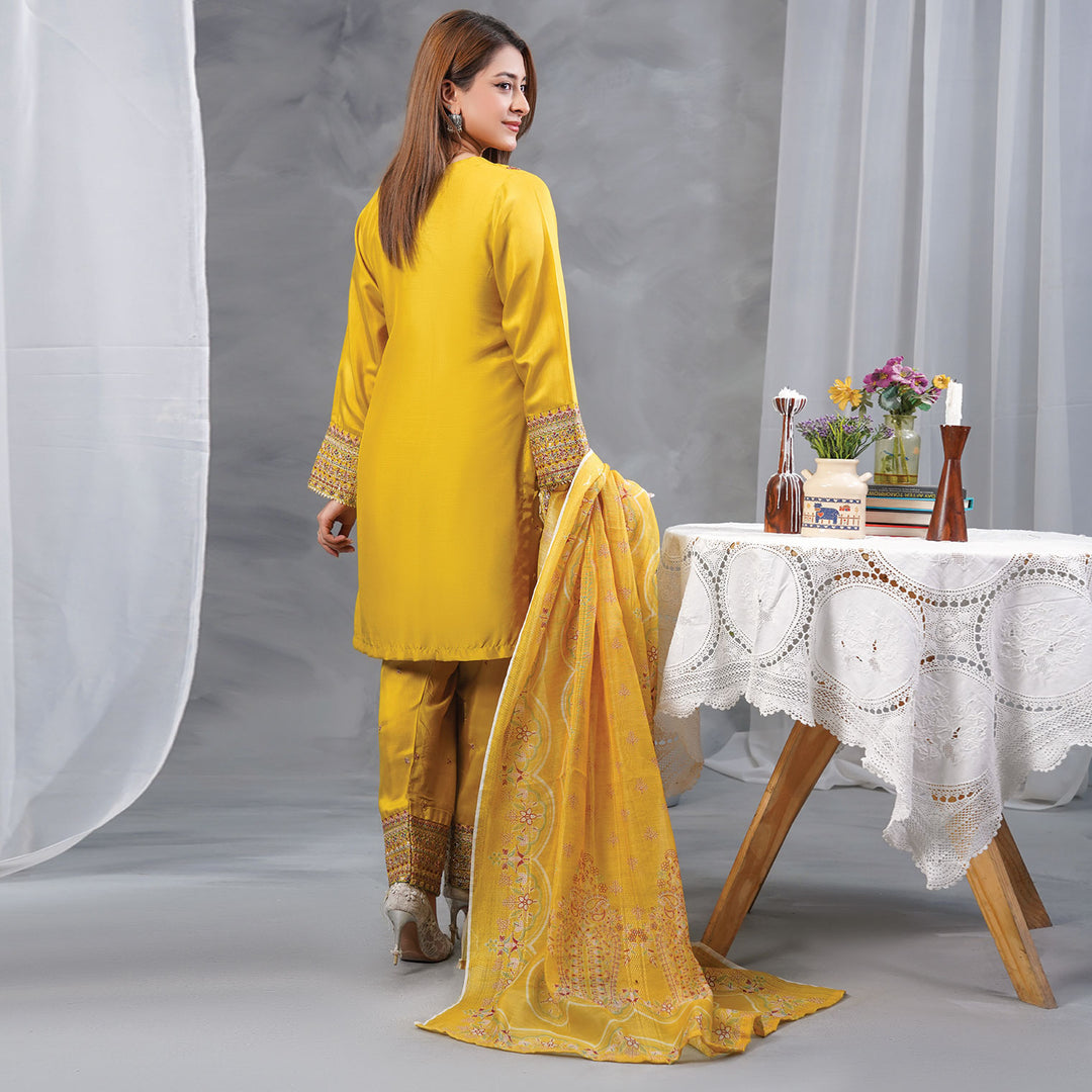 3-PC Luxury Pret Embroidered Raw Silk & leno kara