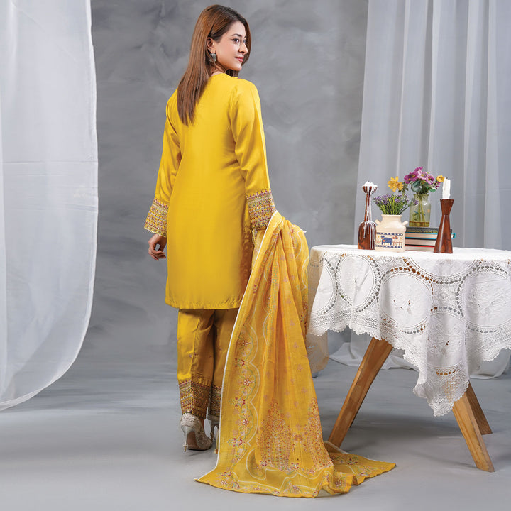 3-PC Luxury Pret Embroidered Raw Silk & leno kara