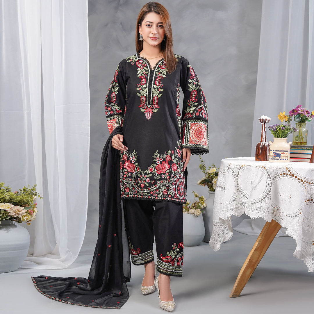3-PC Luxury Embroidered cambric & NET