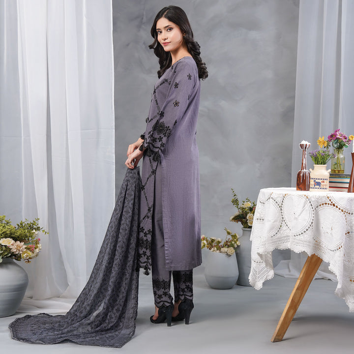 3-PC Luxury Embroidered Chambray  & Net