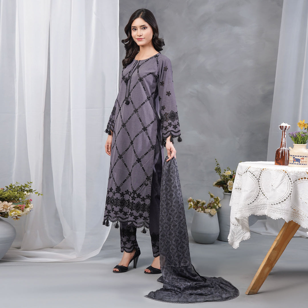 3-PC Luxury Embroidered Chambray  & Net
