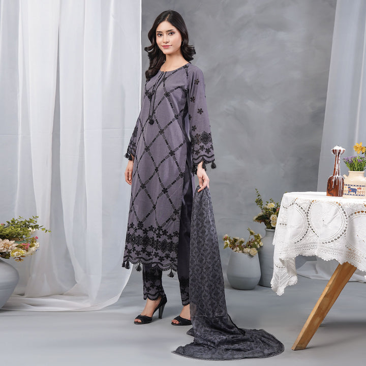 3-PC Luxury Embroidered Chambray  & Net