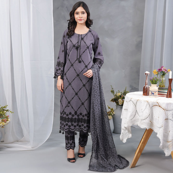 3-PC Luxury Embroidered Chambray  & Net