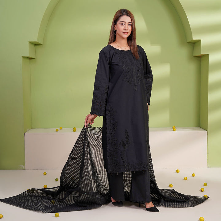 3-PC Luxury Embroidered Chambray  & Net