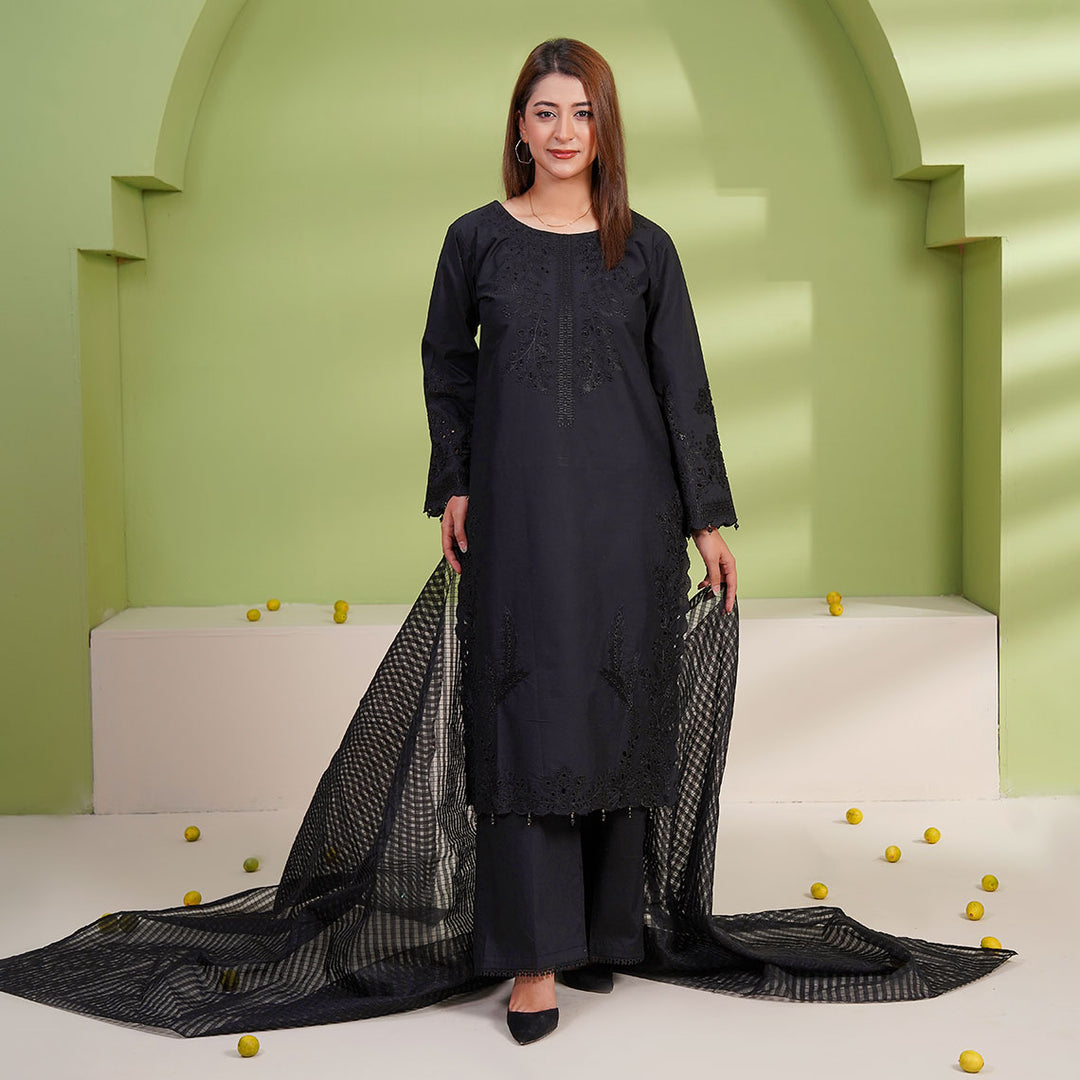 3-PC Luxury Embroidered Chambray  & Net
