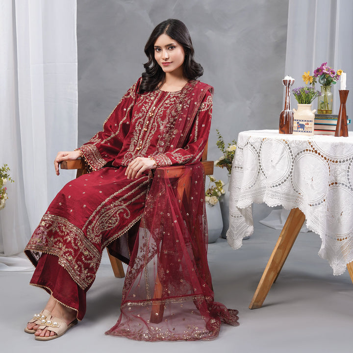 3-PCLuxury Gold Embroidered Raw Silk & NET