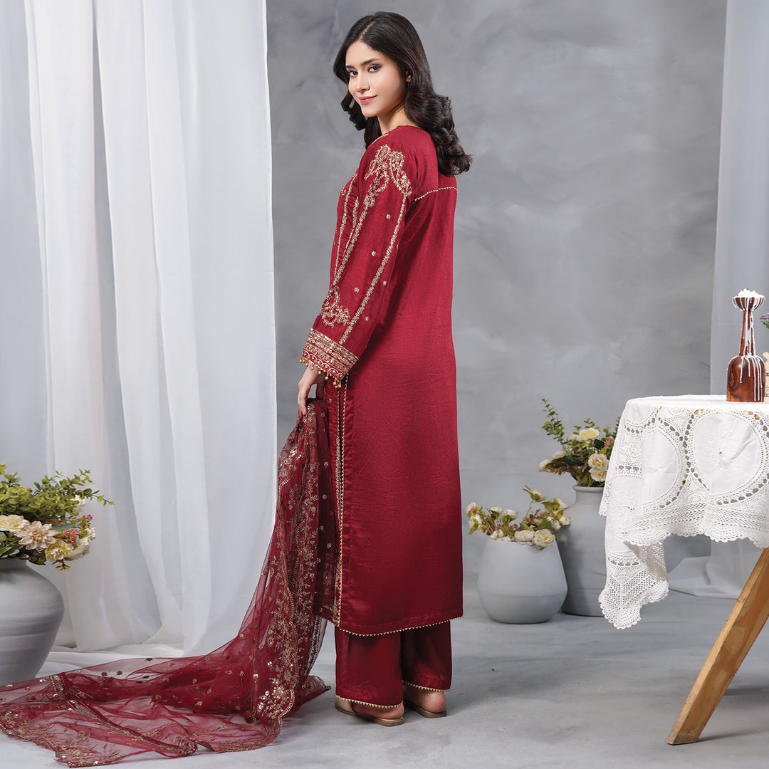 3-PCLuxury Gold Embroidered Raw Silk & NET