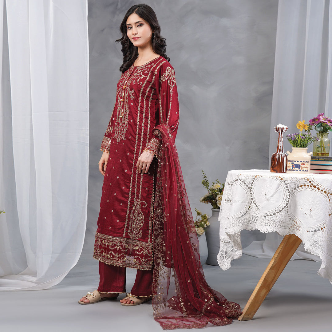 3-PCLuxury Gold Embroidered Raw Silk & NET