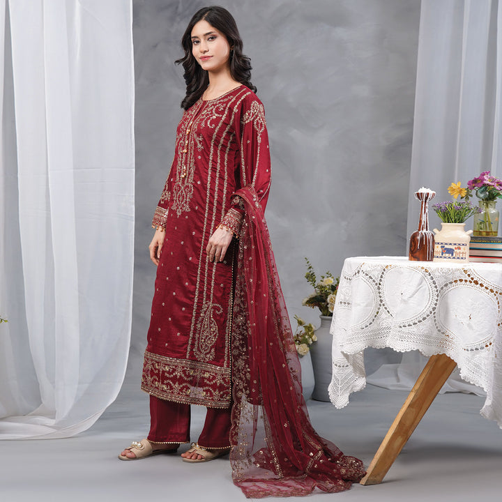 3-PCLuxury Gold Embroidered Raw Silk & NET