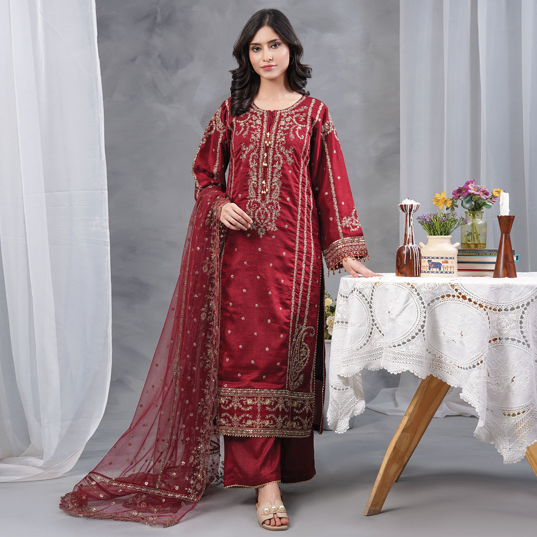 3-PCLuxury Gold Embroidered Raw Silk & NET