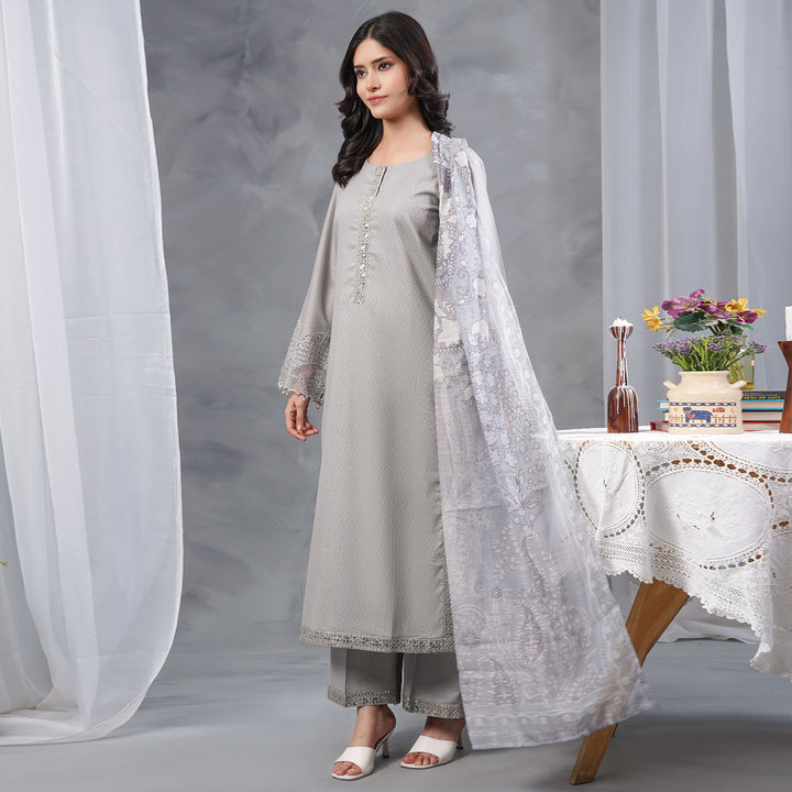 3-PC Luxury Embroidered dobby Lawn & Chiffon