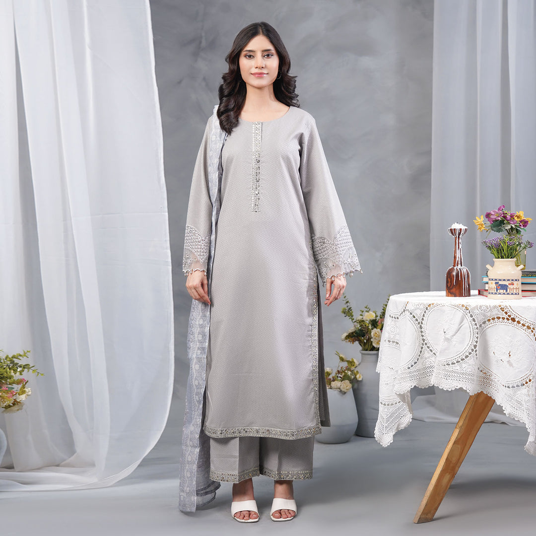 3-PC Luxury Embroidered dobby Lawn & Chiffon