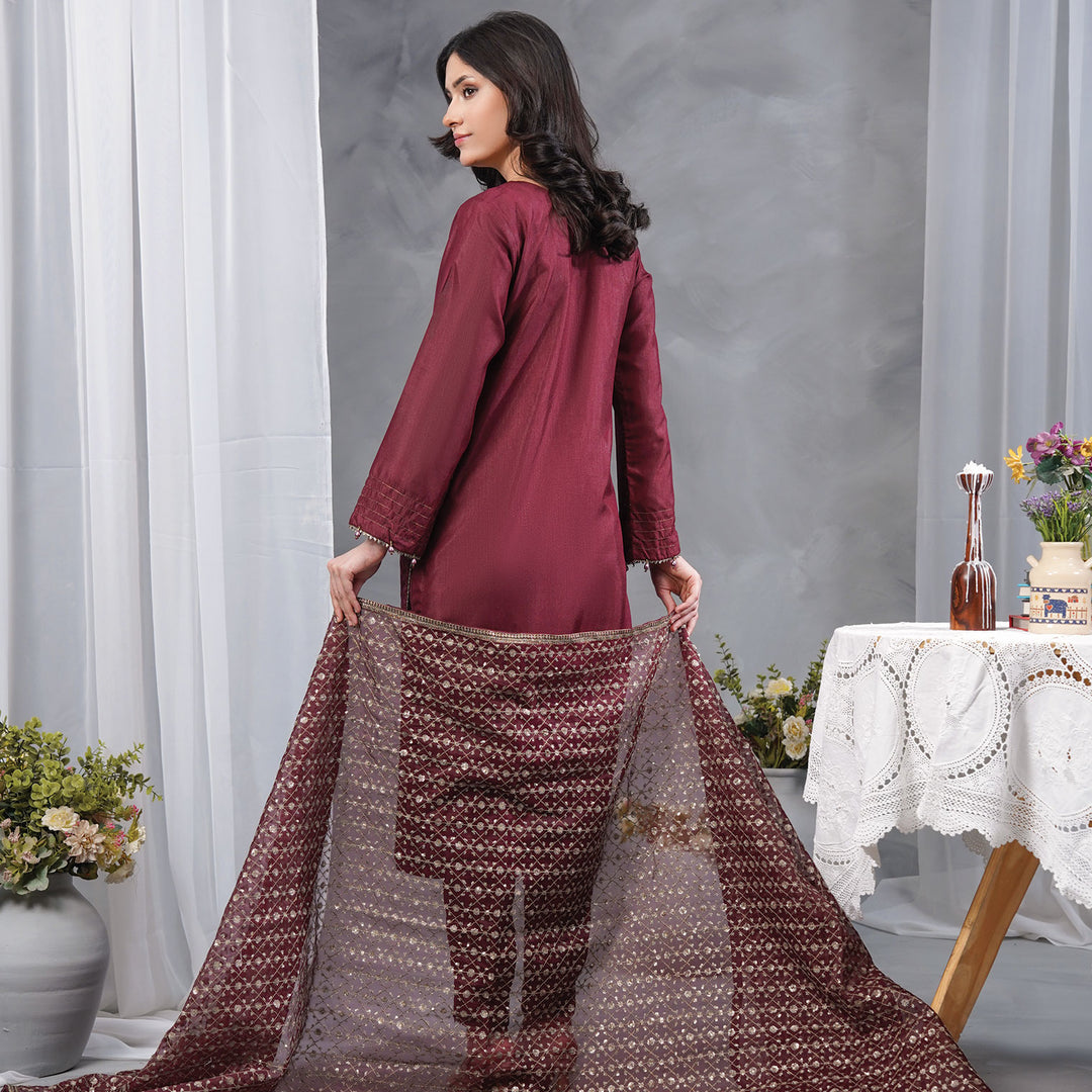 3-PCLuxury Gold Embroidered Raw Silk & NET