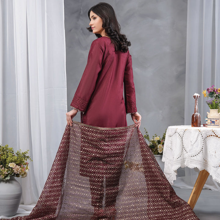 3-PCLuxury Gold Embroidered Raw Silk & NET