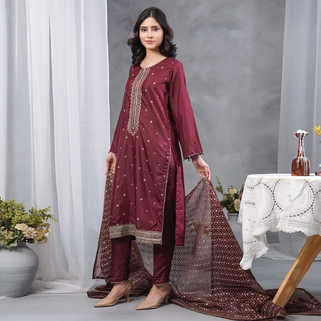3-PCLuxury Gold Embroidered Raw Silk & NET
