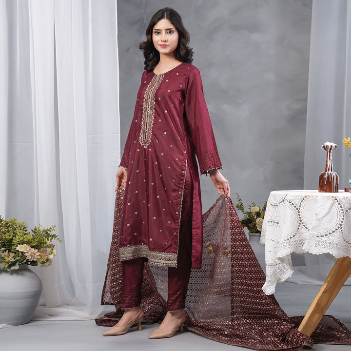 3-PCLuxury Gold Embroidered Raw Silk & NET
