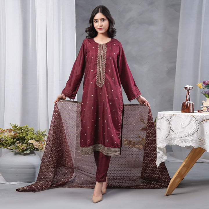 3-PCLuxury Gold Embroidered Raw Silk & NET