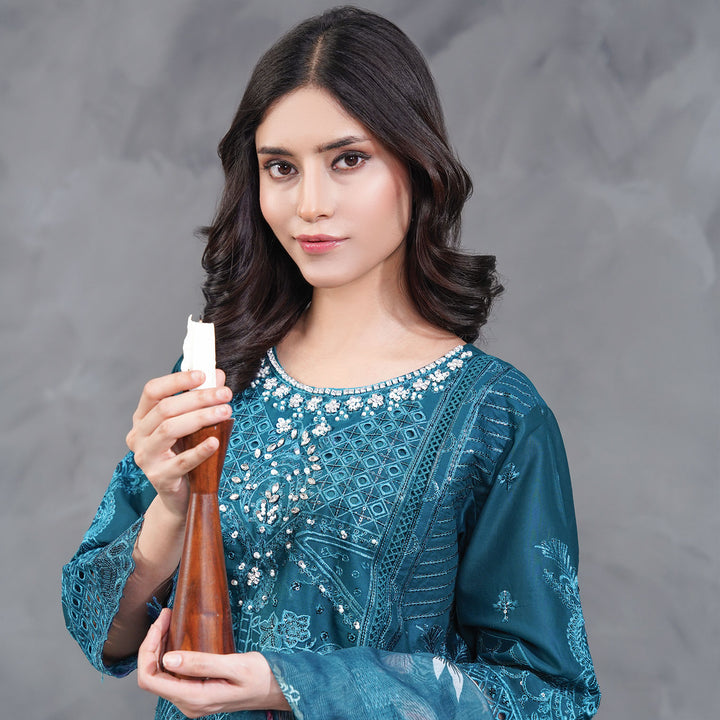 3-PC Luxury Pret Embroidered Lawn &Cambric & Leno kara
