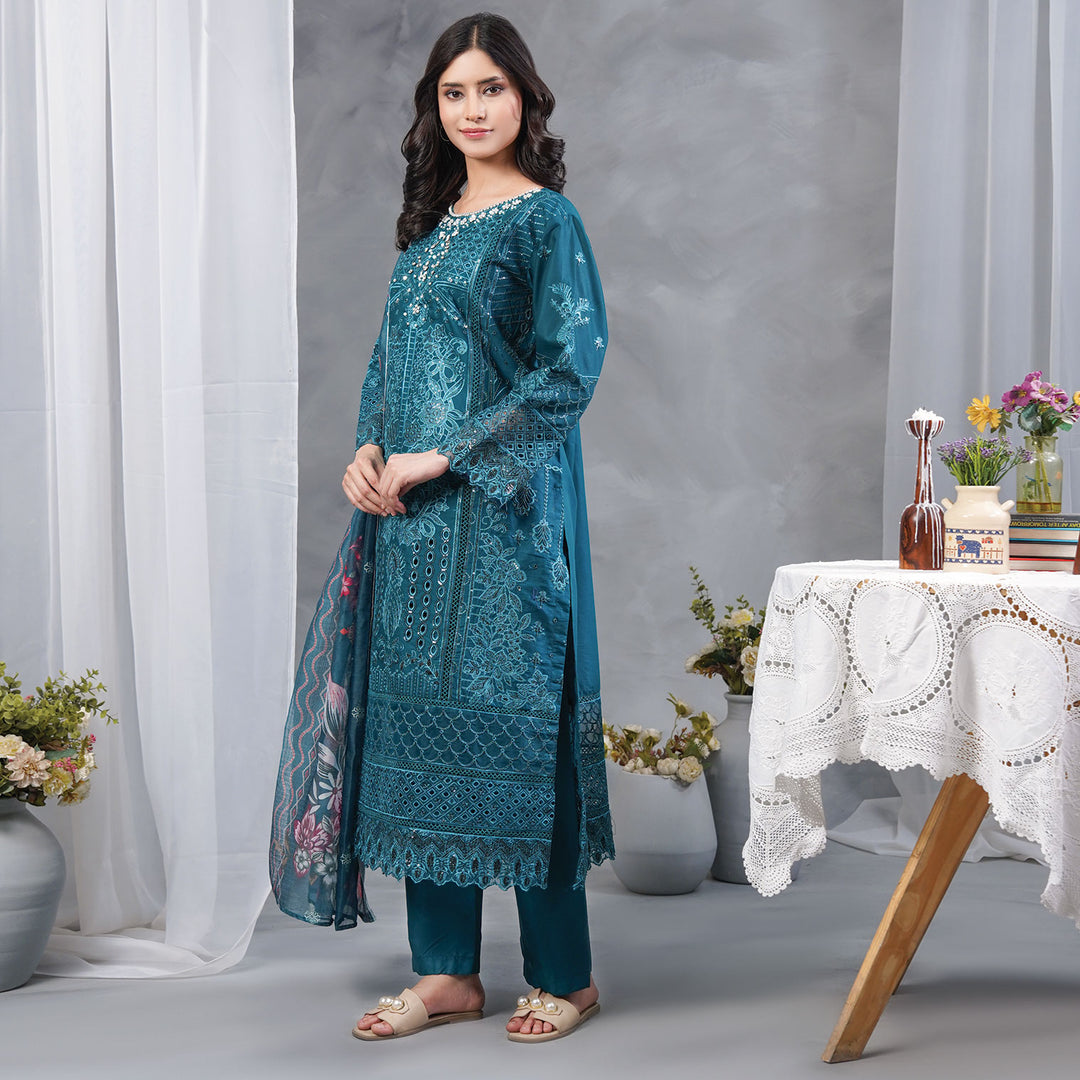 3-PC Luxury Pret Embroidered Lawn &Cambric & Leno kara