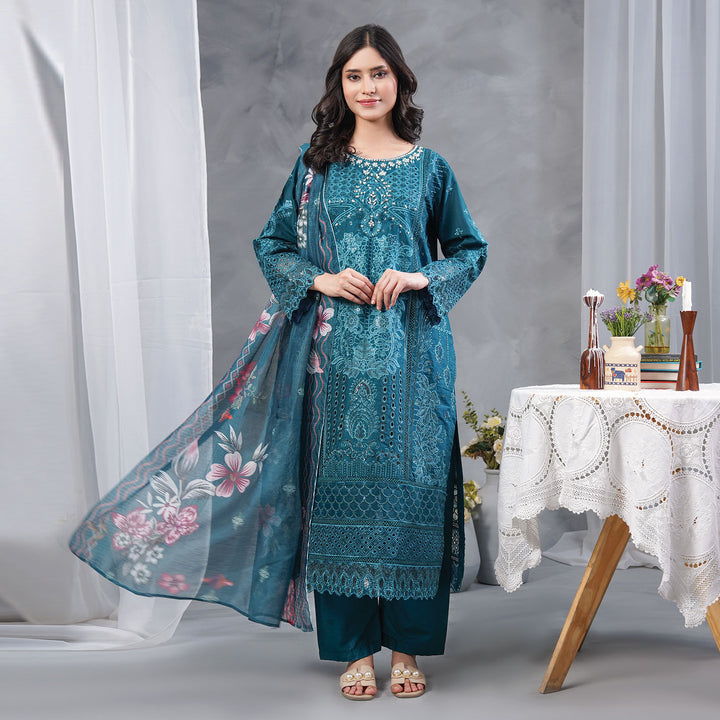 3-PC Luxury Pret Embroidered Lawn &Cambric & Leno kara